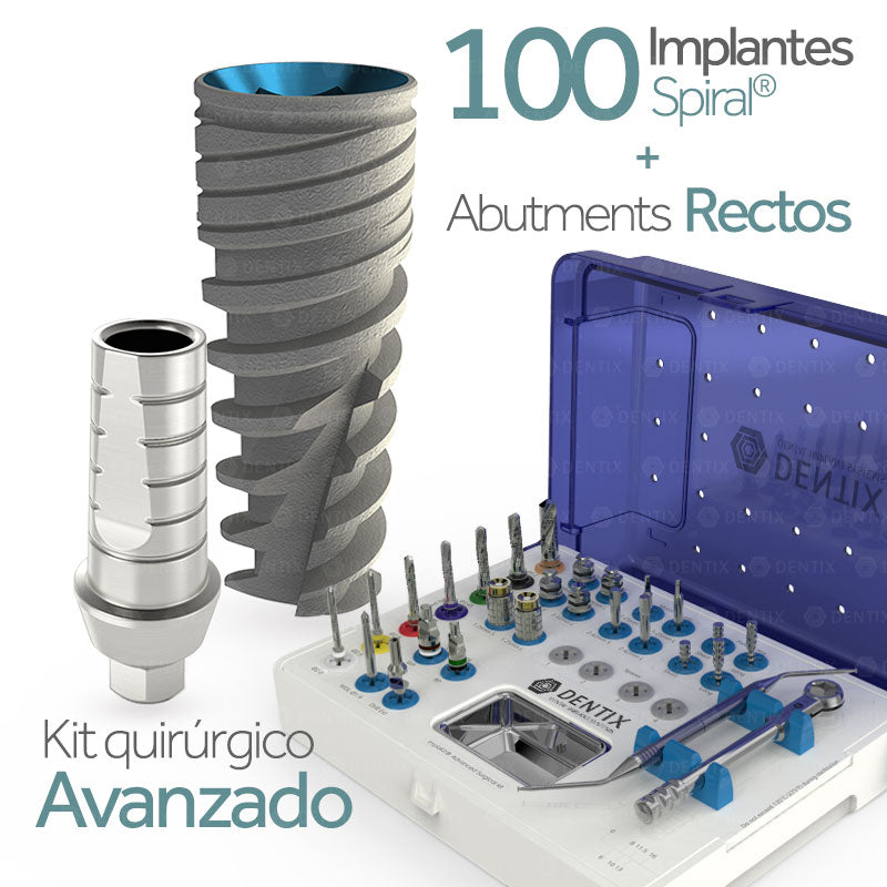 100 Implantes SPIRAL® + 100 Pilares Rectos + Kit Quirúrgico Avanzado – Hex Interno